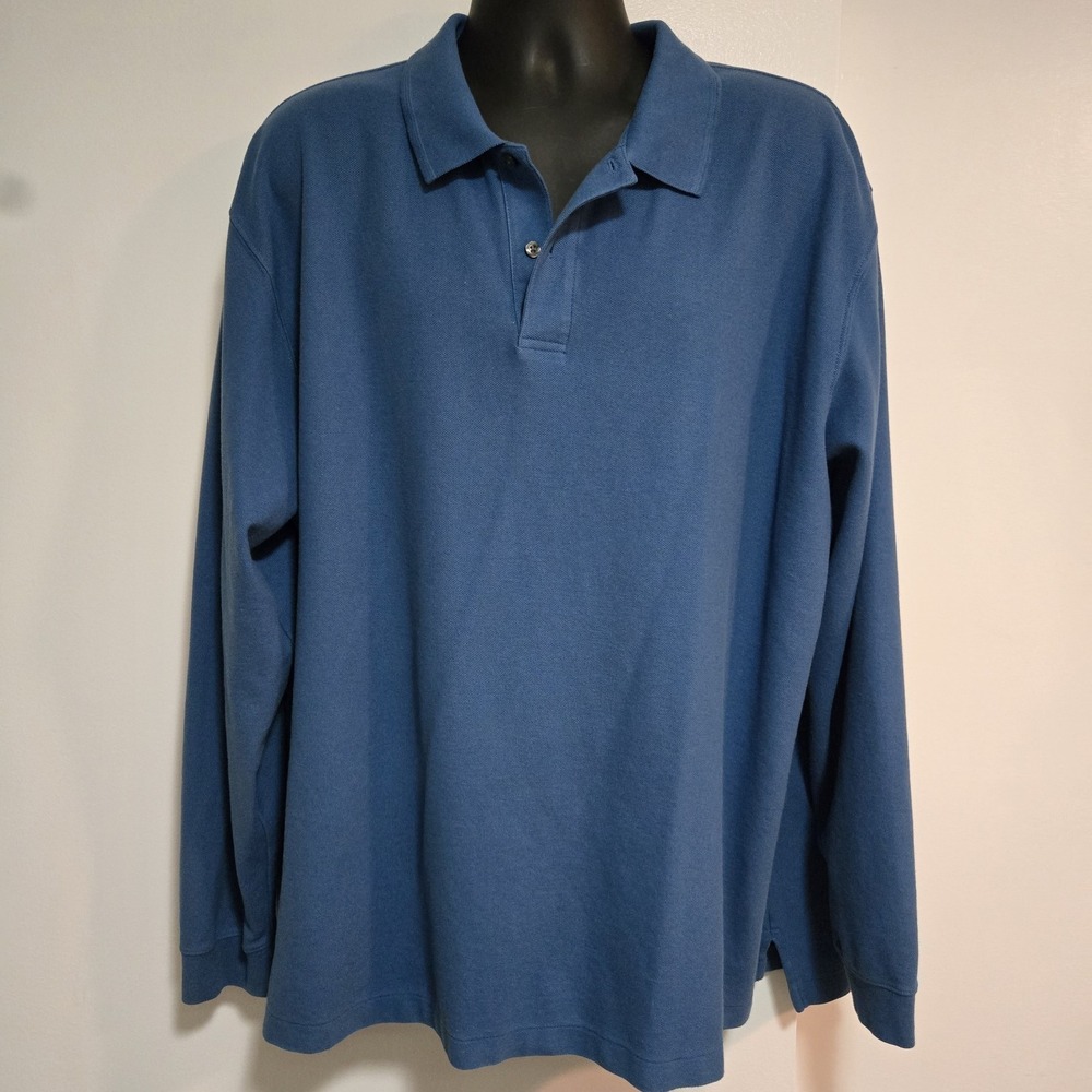 LL Bean Size XXL‎ Reg Dusty Blue Soft 100% Cotton Long Sleeve Polo Shirt 236477